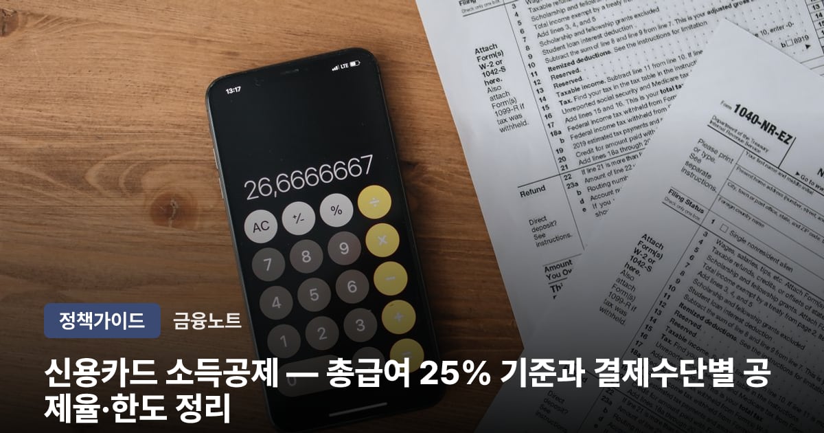 신용카드 소득공제 — 총급여 25% 기준과 결제수단별 공제율·한도 정리